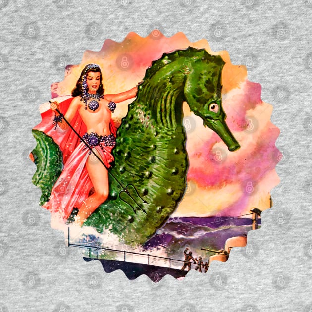 Woman Riding on Giant Seahorse Fantasy Girl Retro by REVISTANGO